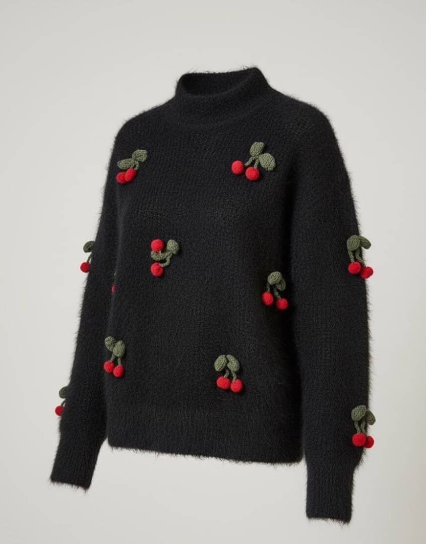 كنزة صوفية مطرزة بالكرز-اسود